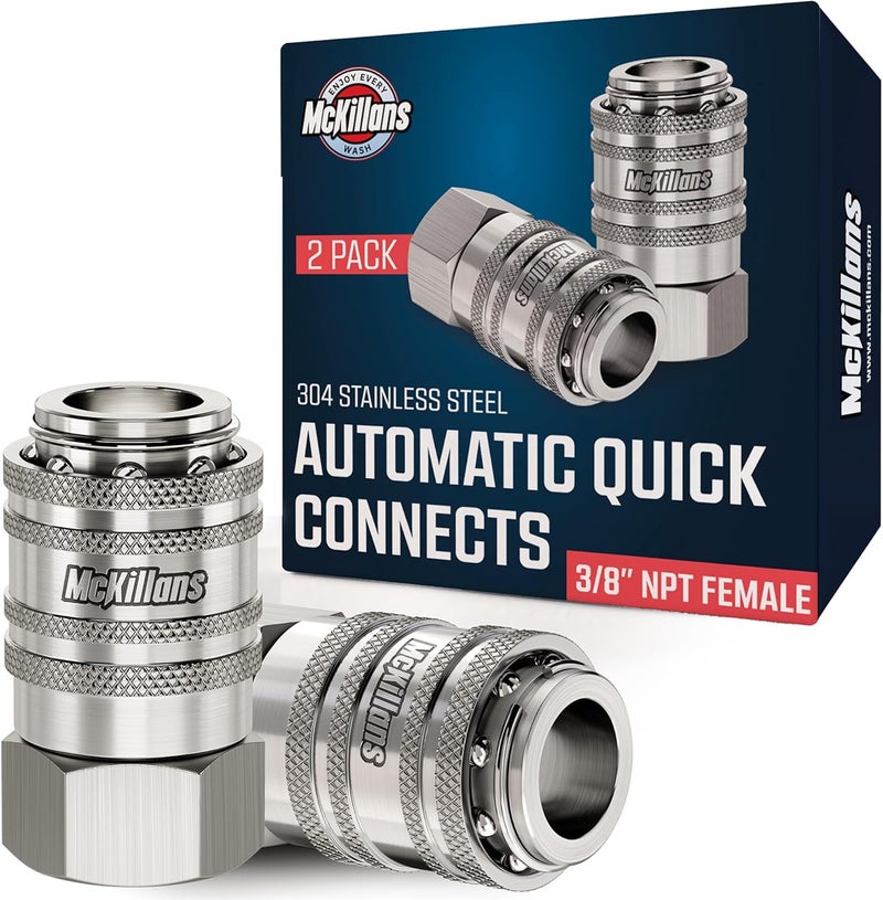 McKillans ® Automatic 3/8" NPT Female Quick Connect Fittings - Stainless Steel - 3/8" Pressure Washer Quick Connect Kit - Power Washer NPT 3/8" Quick Connect Fittings - PUSH-TO-CONNECT - Image 1